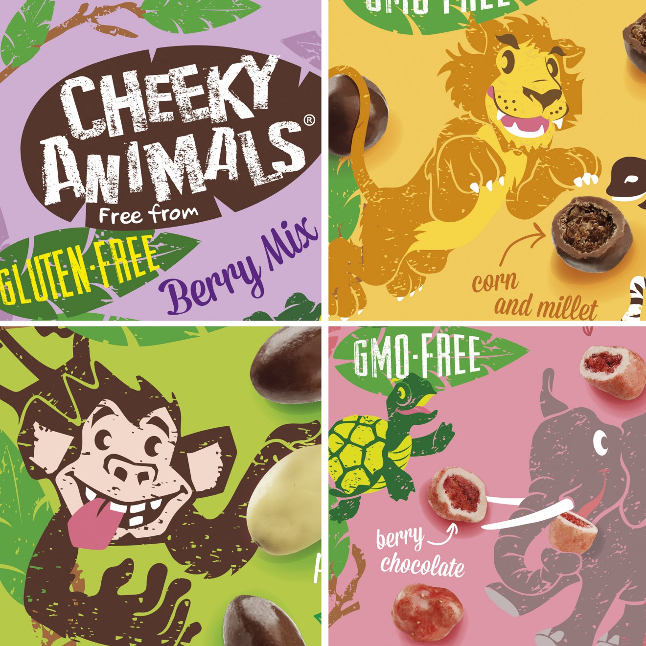 Quatre Mains package design - Cheeky animals, Gluten free, Berry mix